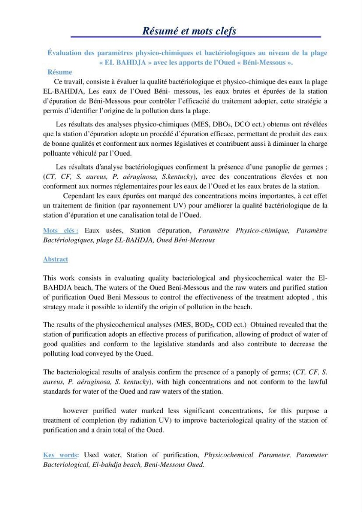 Evaluation des paramètres physico-chimiques et bactériologiques au niveau de la plage El Bahdja avec les apports de l\'Oued Béni-Messous
