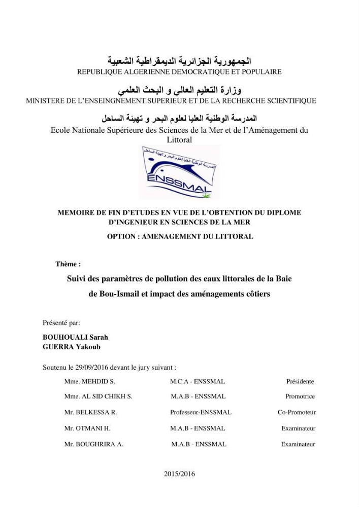 Suivi des pramètres de pollution des eau littorles de de la Baie de Bou-Ismail et impact des aménagemnts coties