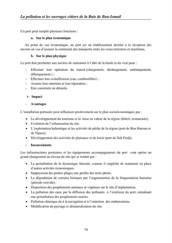 Suivi des pramètres de pollution des eau littorles de de la Baie de Bou-Ismail et impact des aménagemnts coties