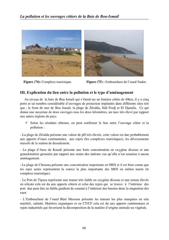 Suivi des pramètres de pollution des eau littorles de de la Baie de Bou-Ismail et impact des aménagemnts coties