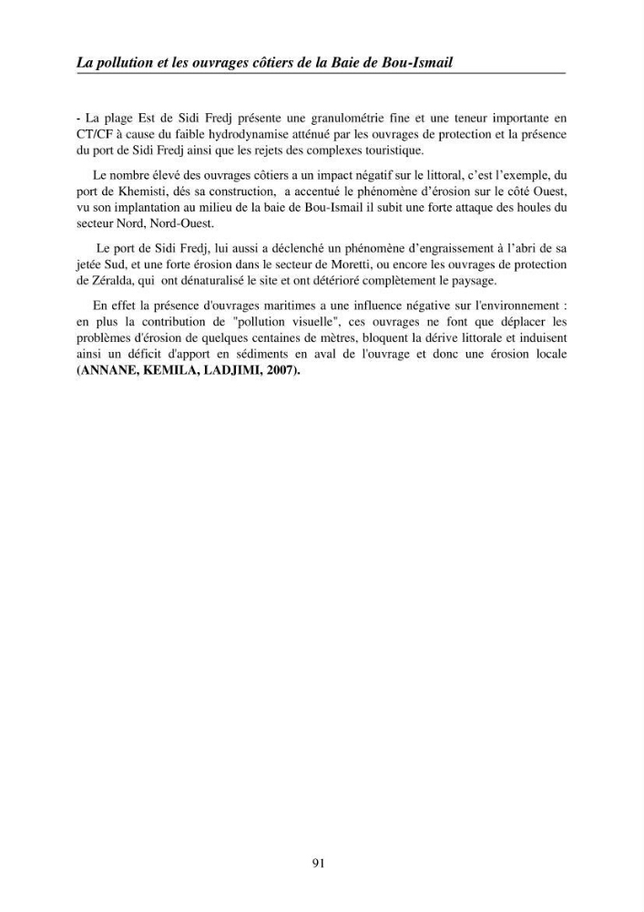 Suivi des pramètres de pollution des eau littorles de de la Baie de Bou-Ismail et impact des aménagemnts coties