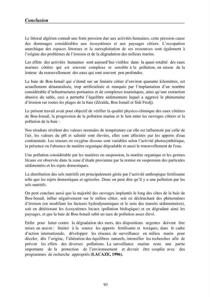 Suivi des pramètres de pollution des eau littorles de de la Baie de Bou-Ismail et impact des aménagemnts coties