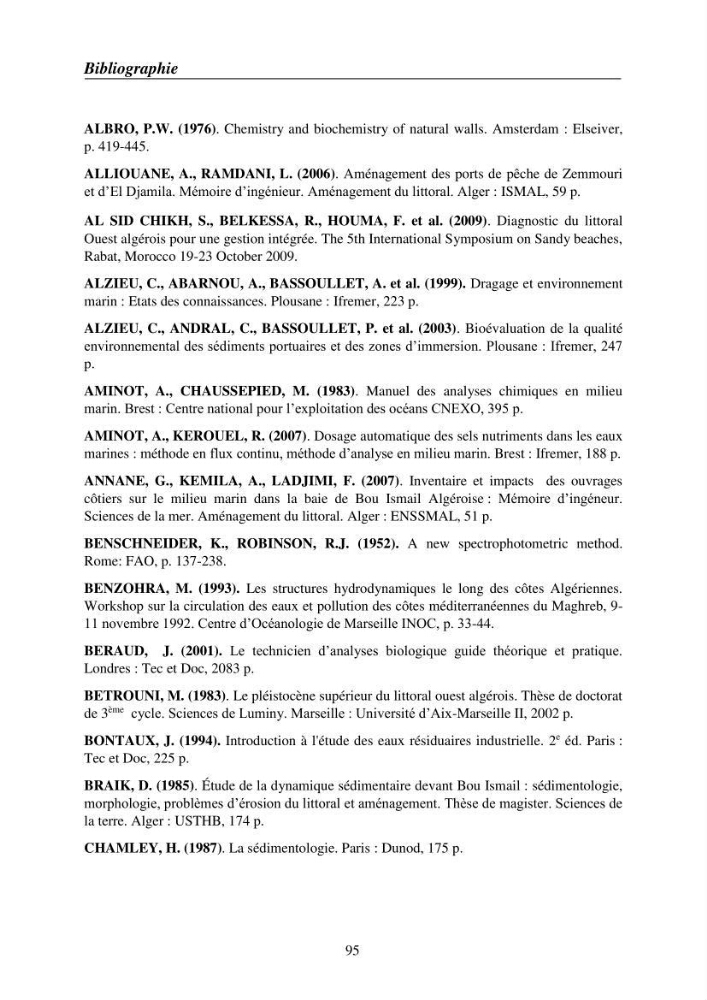 Suivi des pramètres de pollution des eau littorles de de la Baie de Bou-Ismail et impact des aménagemnts coties