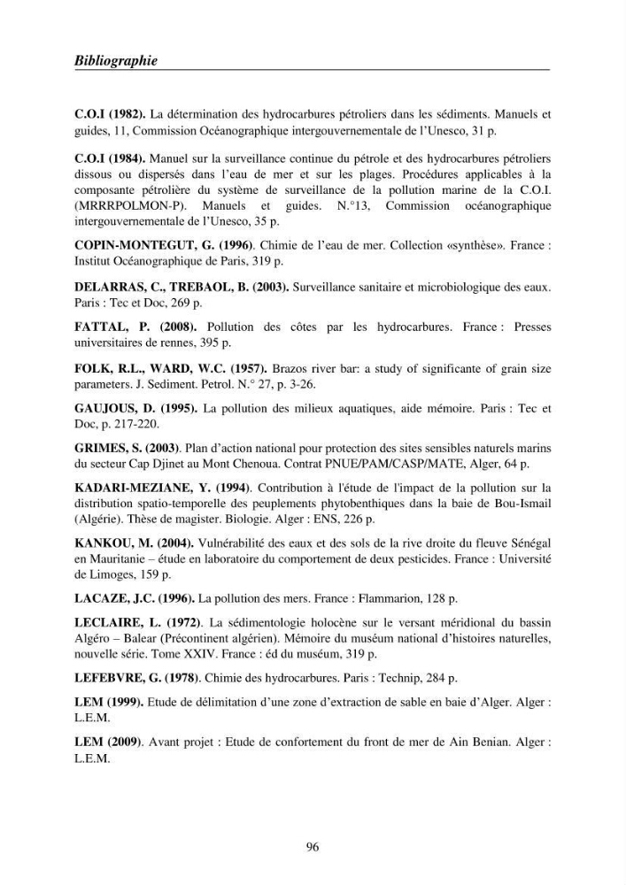 Suivi des pramètres de pollution des eau littorles de de la Baie de Bou-Ismail et impact des aménagemnts coties