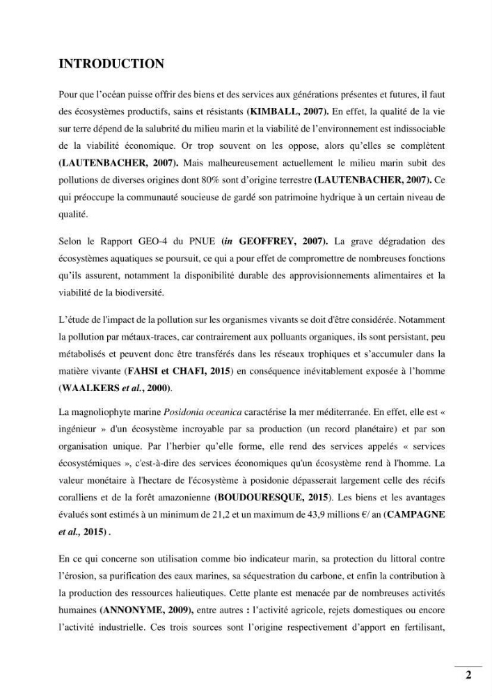 Contribution à l’étude de la pollution chimique et les paramètres vitaux de l’écosystème à Posidonia oceanica dans le front de mer de Bou- Ismail et de la Corne d’or de Tipaza.: