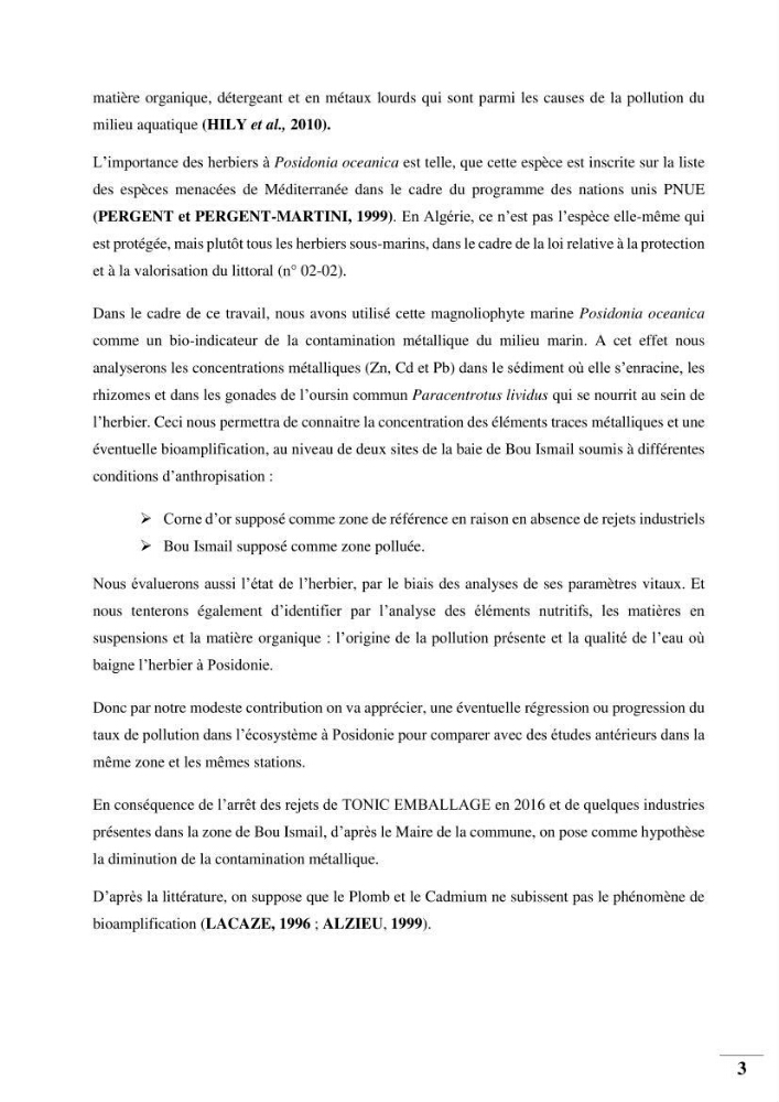 Contribution à l’étude de la pollution chimique et les paramètres vitaux de l’écosystème à Posidonia oceanica dans le front de mer de Bou- Ismail et de la Corne d’or de Tipaza.: