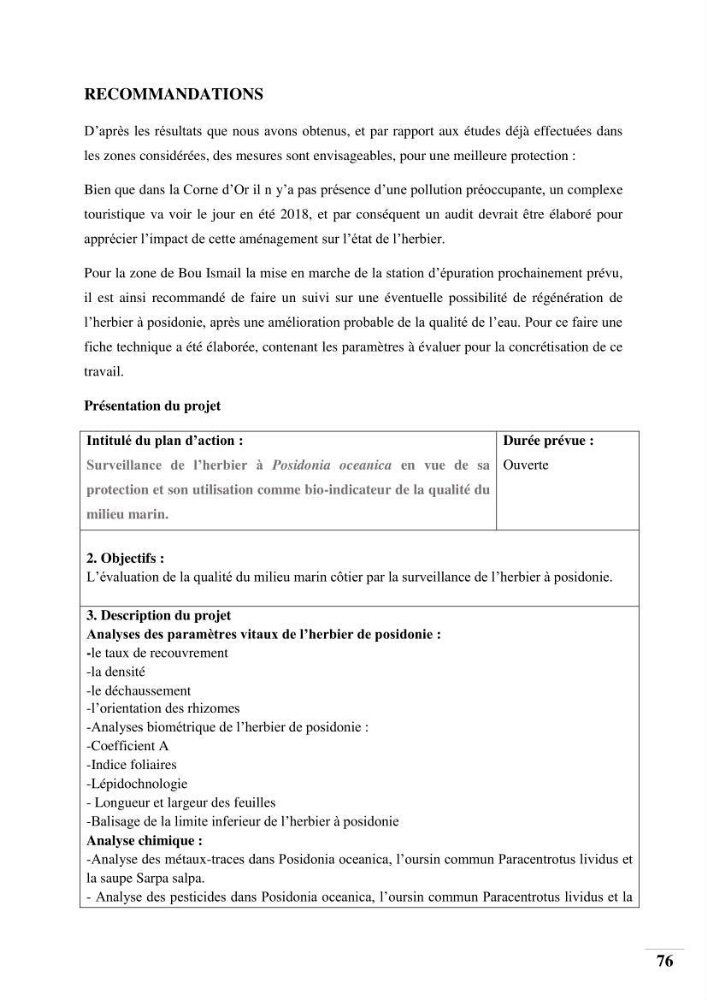 Contribution à l’étude de la pollution chimique et les paramètres vitaux de l’écosystème à Posidonia oceanica dans le front de mer de Bou- Ismail et de la Corne d’or de Tipaza.: