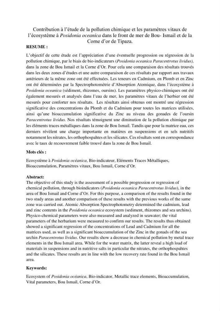 Contribution à l’étude de la pollution chimique et les paramètres vitaux de l’écosystème à Posidonia oceanica dans le front de mer de Bou- Ismail et de la Corne d’or de Tipaza.: