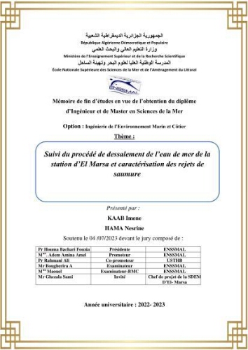 Suivi du procédé de dessalement de l'eau de mer de la station d'El Marsa et caractérisation des rejets de saumure Suivi du procédé de dessalement de l'eau de mer de la station d'El Marsa et caractérisation des rejets de saumure