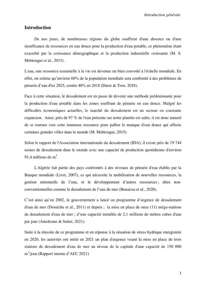 Suivi du procédé de dessalement de l\'eau de mer de la station d\'El Marsa et caractérisation des rejets de saumure