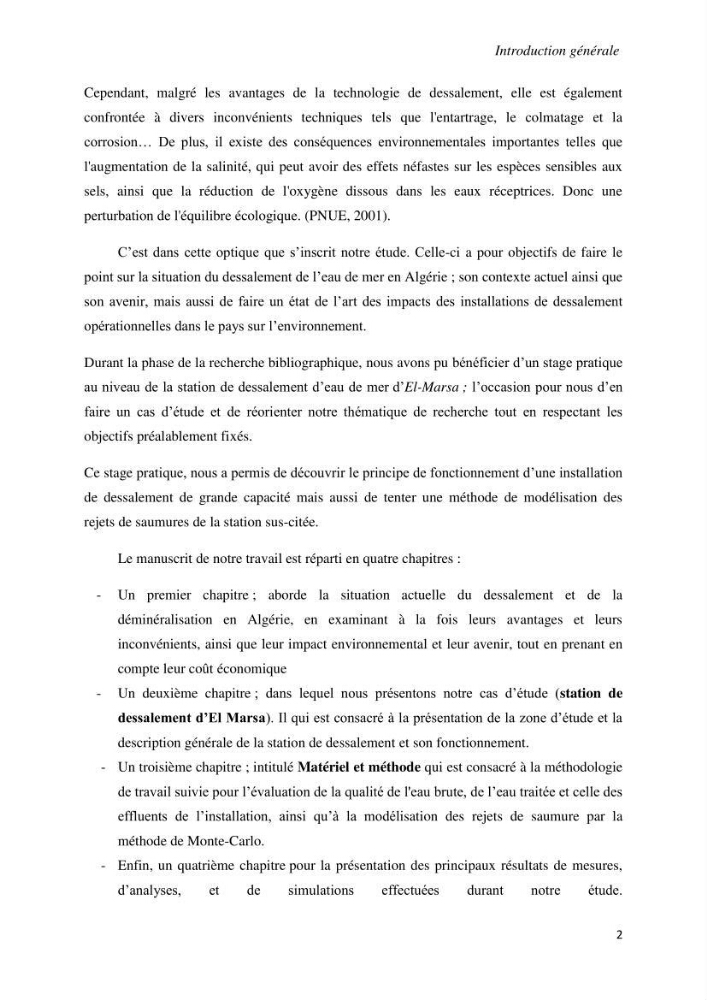 Suivi du procédé de dessalement de l\'eau de mer de la station d\'El Marsa et caractérisation des rejets de saumure