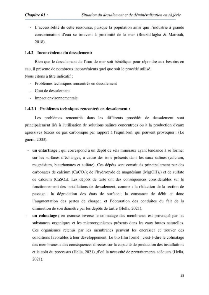 Suivi du procédé de dessalement de l\'eau de mer de la station d\'El Marsa et caractérisation des rejets de saumure