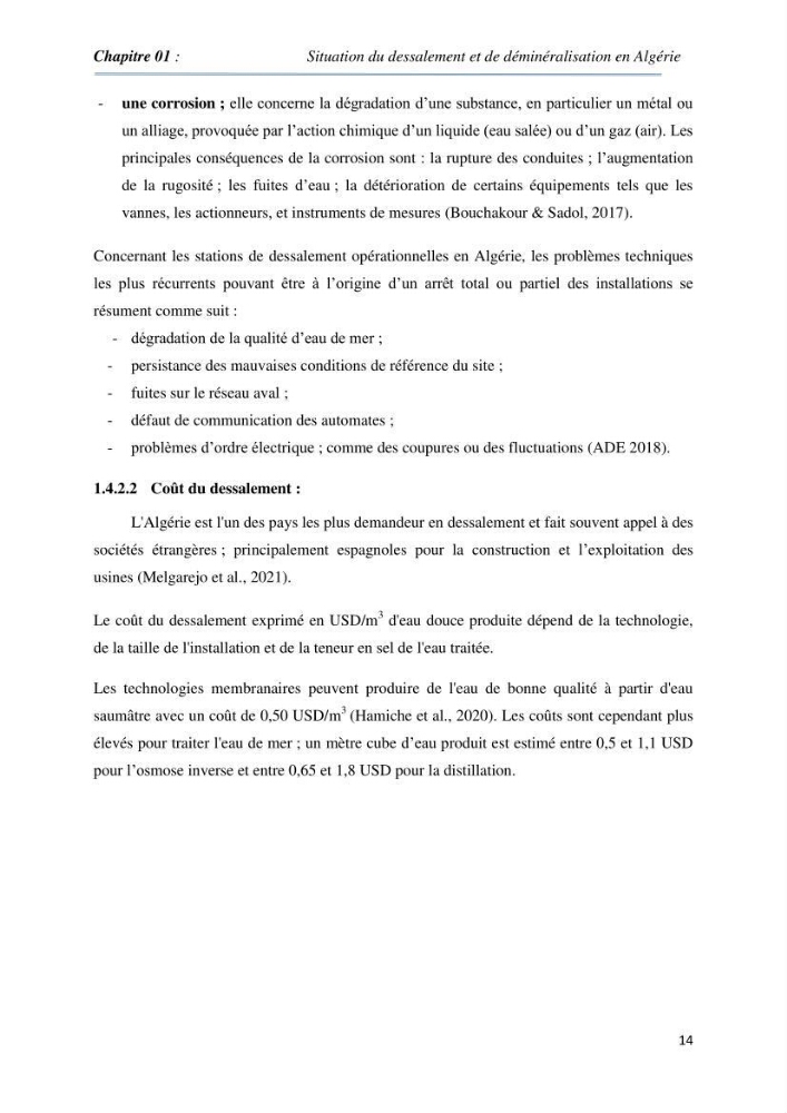 Suivi du procédé de dessalement de l\'eau de mer de la station d\'El Marsa et caractérisation des rejets de saumure