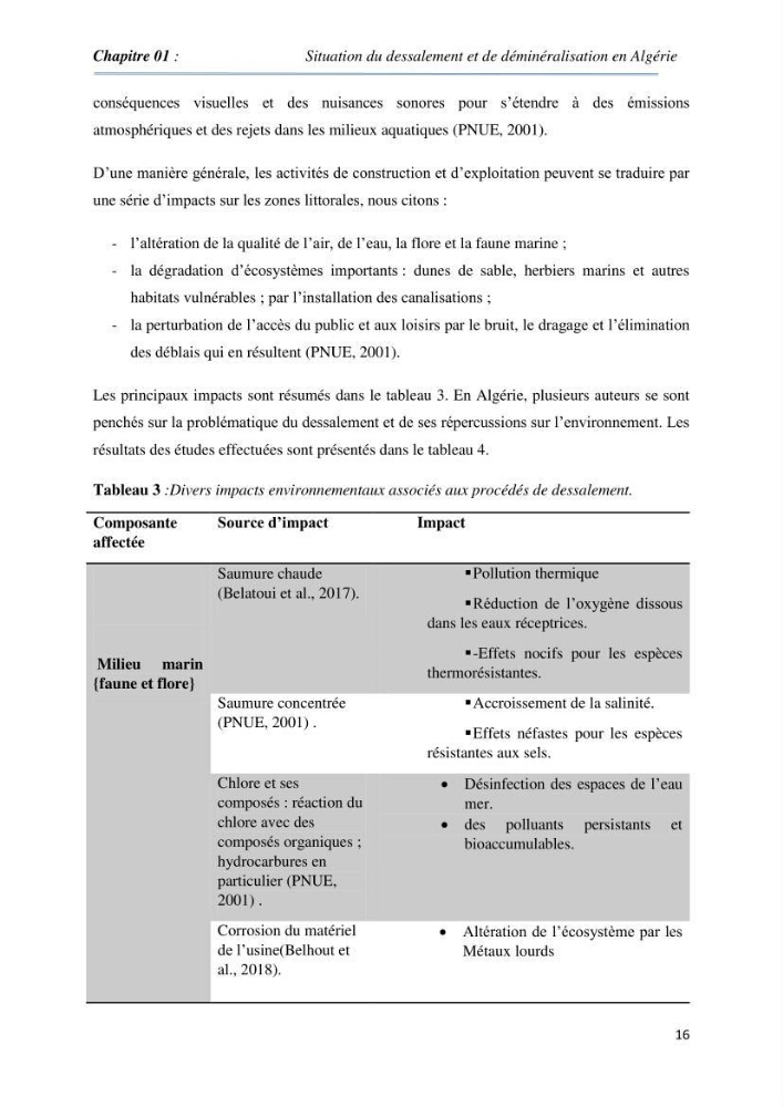 Suivi du procédé de dessalement de l\'eau de mer de la station d\'El Marsa et caractérisation des rejets de saumure