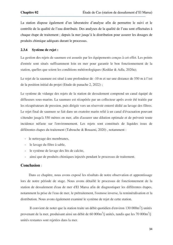 Suivi du procédé de dessalement de l\'eau de mer de la station d\'El Marsa et caractérisation des rejets de saumure