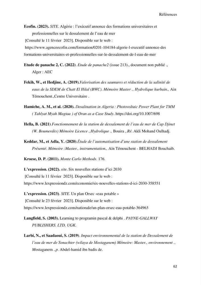 Suivi du procédé de dessalement de l\'eau de mer de la station d\'El Marsa et caractérisation des rejets de saumure