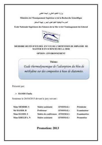 Etude thermodynamique de l'adsorption du bleu de méthylène sur les composites à base de diatomite: Etude thermodynamique de l'adsorption du bleu de méthylène sur les composites à base de diatomite: