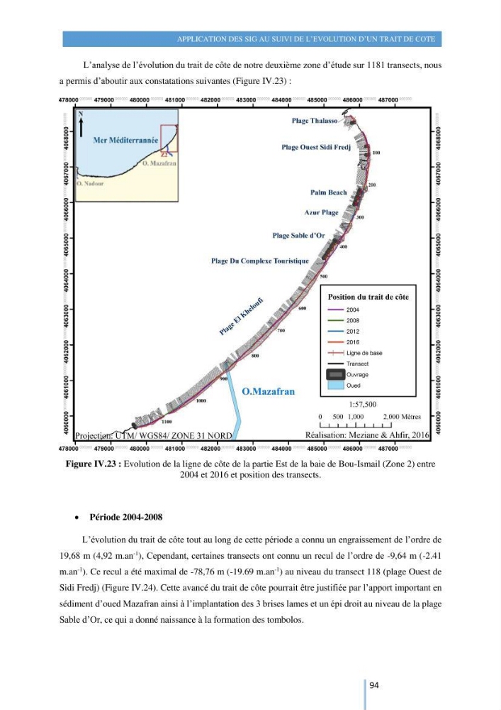 Modelisation numérique de la cinématique du trait de côte et la dynamique sédimentaire des plages sableuses (qOran, Bou-Ismail,Alger, Bejaia et Skikda) : cas d\'étude : Sidi Fredj