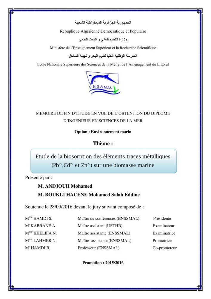 Etude de la biosorption des éléments traces métaliques (Pb2+,Cd2+,et Zn2+) sur une biomasse marine: