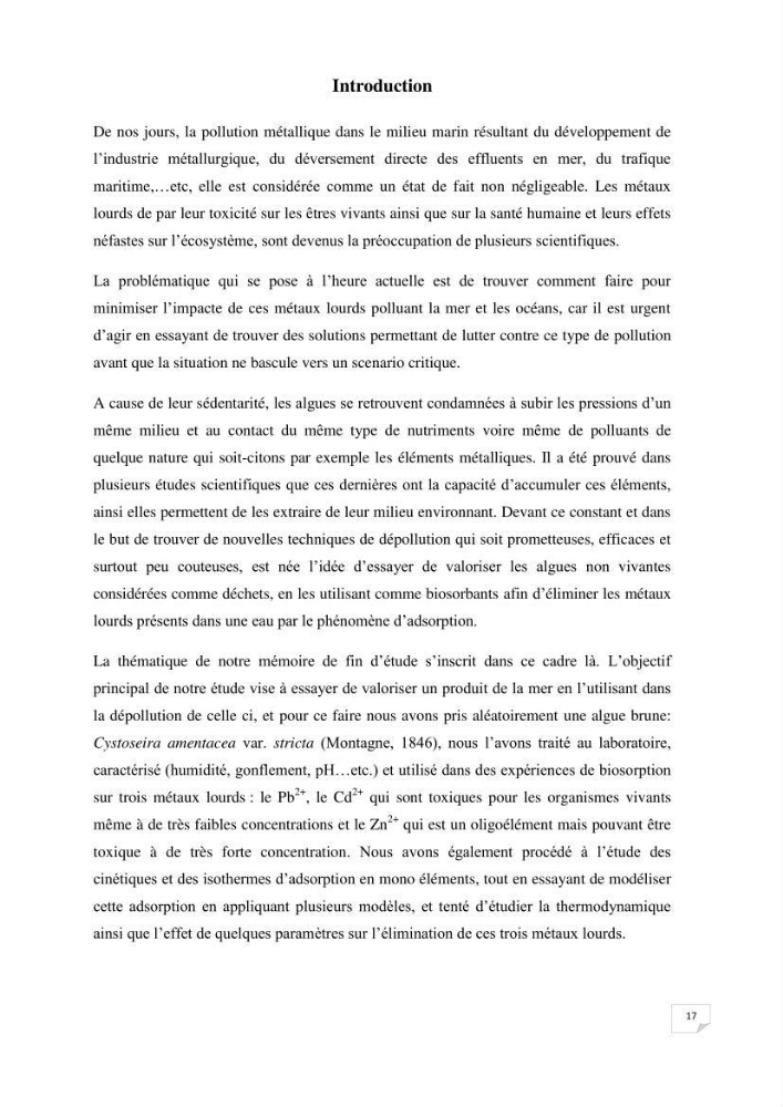Etude de la biosorption des éléments traces métaliques (Pb2+,Cd2+,et Zn2+) sur une biomasse marine: