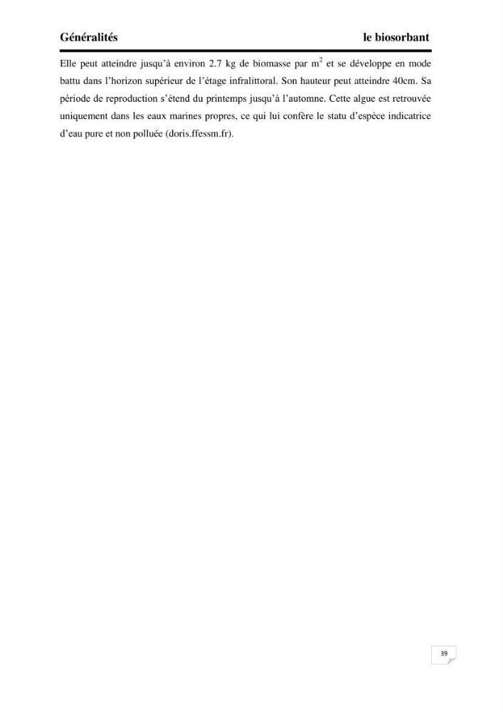 Etude de la biosorption des éléments traces métaliques (Pb2+,Cd2+,et Zn2+) sur une biomasse marine:
