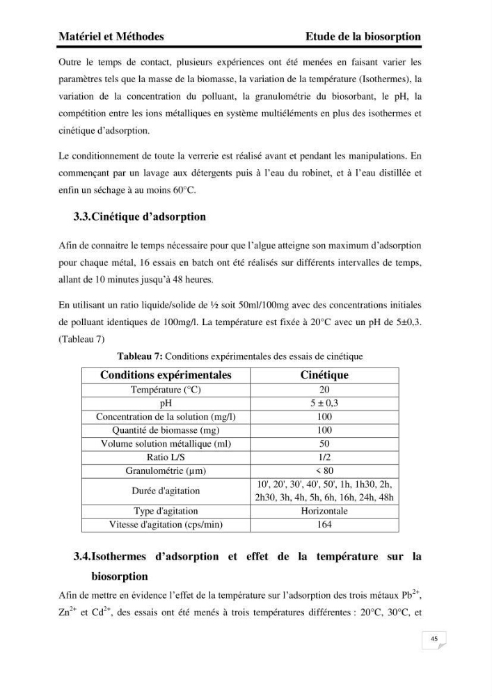 Etude de la biosorption des éléments traces métaliques (Pb2+,Cd2+,et Zn2+) sur une biomasse marine: