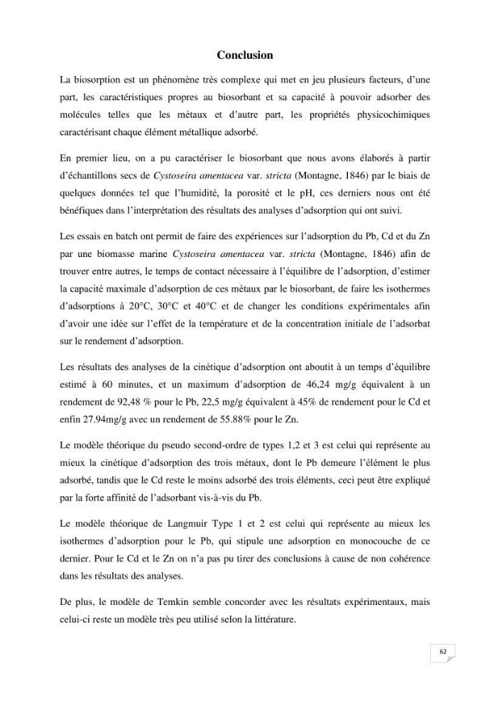 Etude de la biosorption des éléments traces métaliques (Pb2+,Cd2+,et Zn2+) sur une biomasse marine: