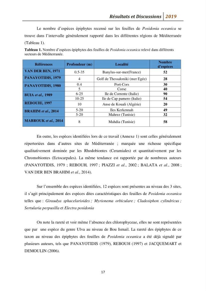 Contribution à l’utilisation des épiphytes des feuilles de Posidonia oceanica dans les réseaux de surveillance :résultats préliminaires