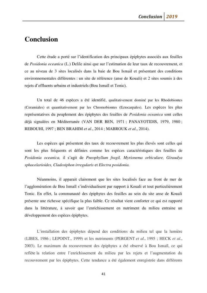 Contribution à l’utilisation des épiphytes des feuilles de Posidonia oceanica dans les réseaux de surveillance :résultats préliminaires