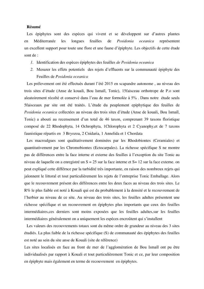 Contribution à l’utilisation des épiphytes des feuilles de Posidonia oceanica dans les réseaux de surveillance :résultats préliminaires