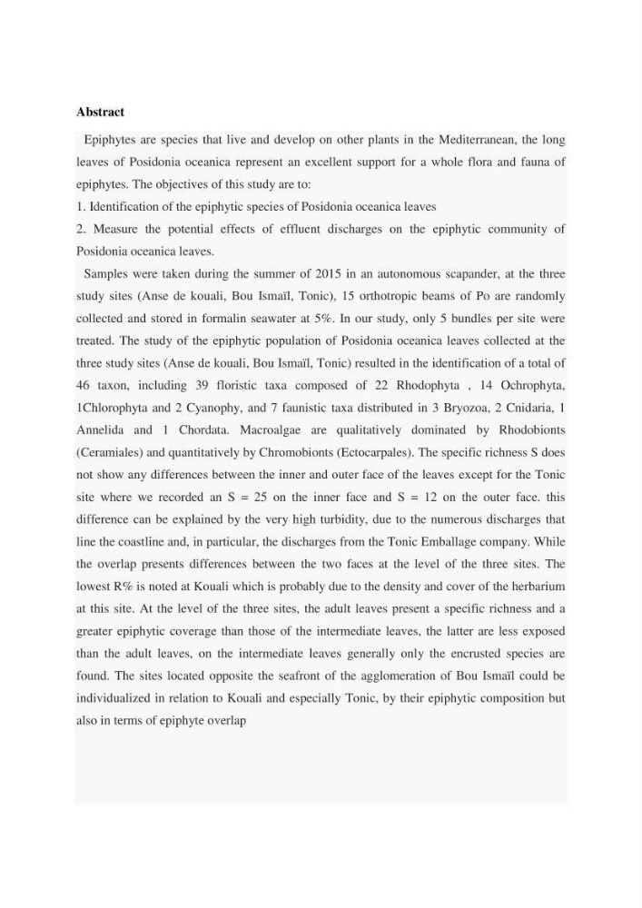 Contribution à l’utilisation des épiphytes des feuilles de Posidonia oceanica dans les réseaux de surveillance :résultats préliminaires