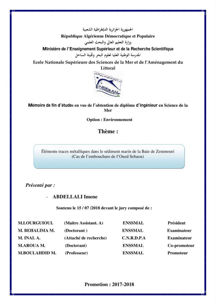 Eléments traces métalliques dans le sédiment marin de la Baie de Zemmouri