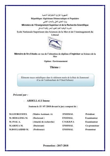 Eléments traces métalliques dans le sédiment marin de la Baie de Zemmouri Eléments traces métalliques dans le sédiment marin de la Baie de Zemmouri