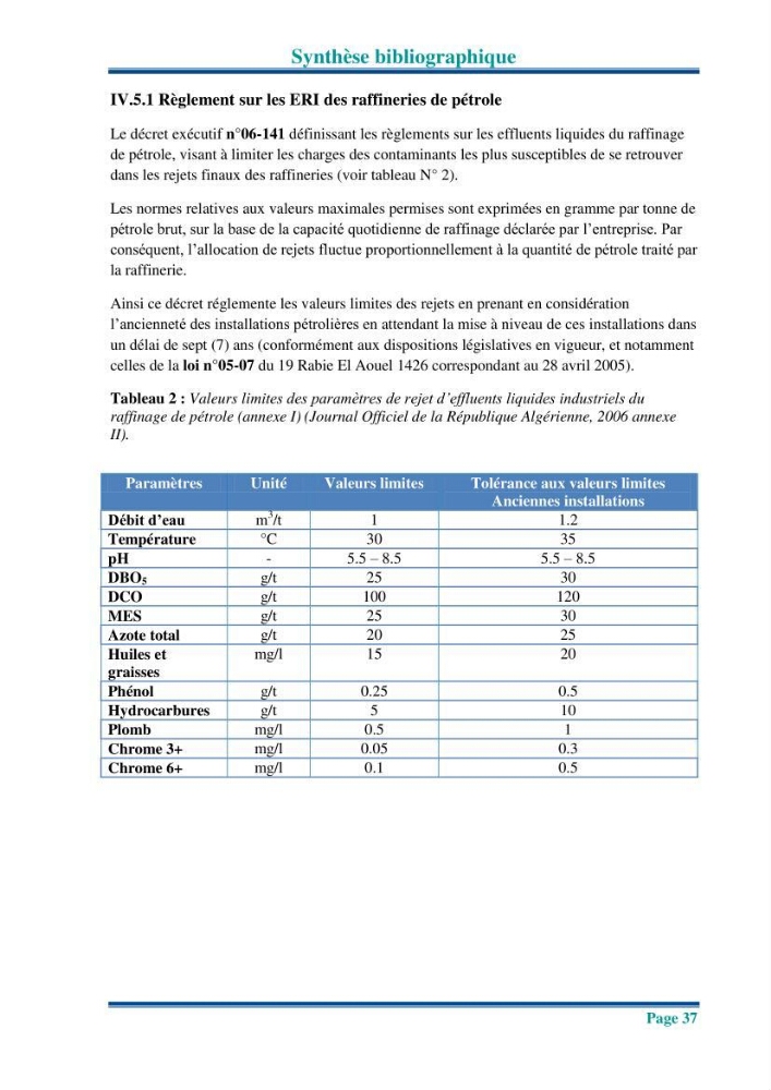 Traitement des effluents industriels liquides de la raffinerie d\'Alger: étude comparative entre l\'efficacité du foin de l\'anthracité dans le traitement des eaux