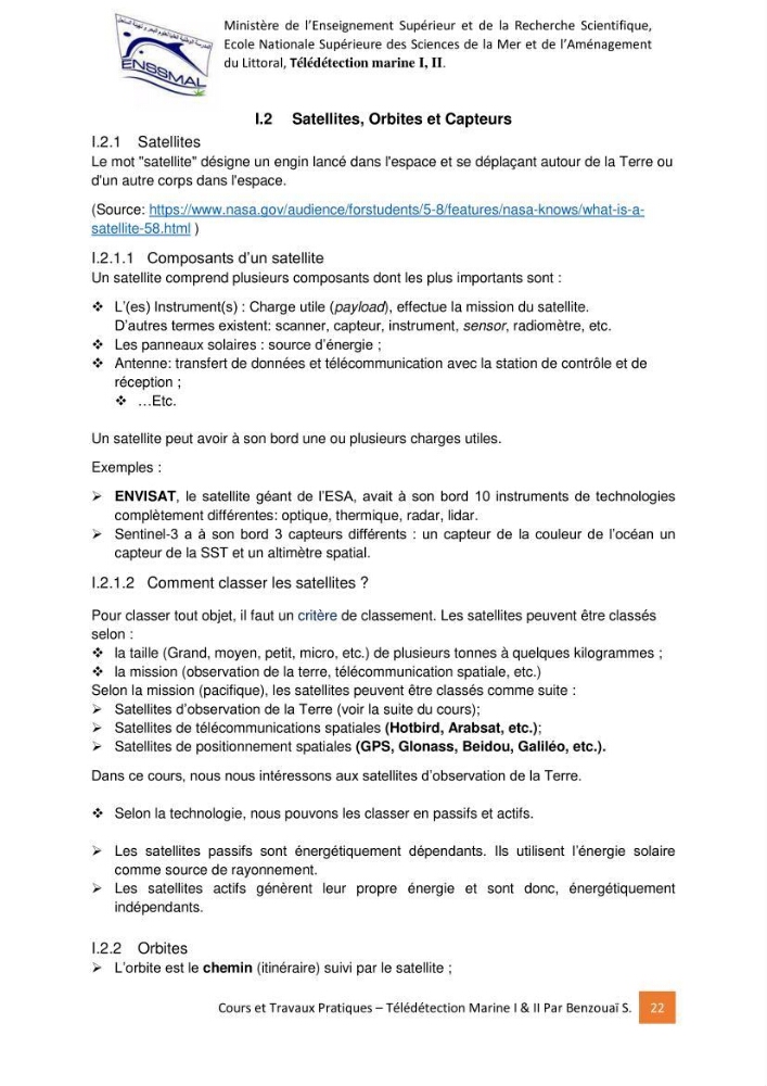Télédetection marine: Niveau I & II, support de cours & travaux pratiques
