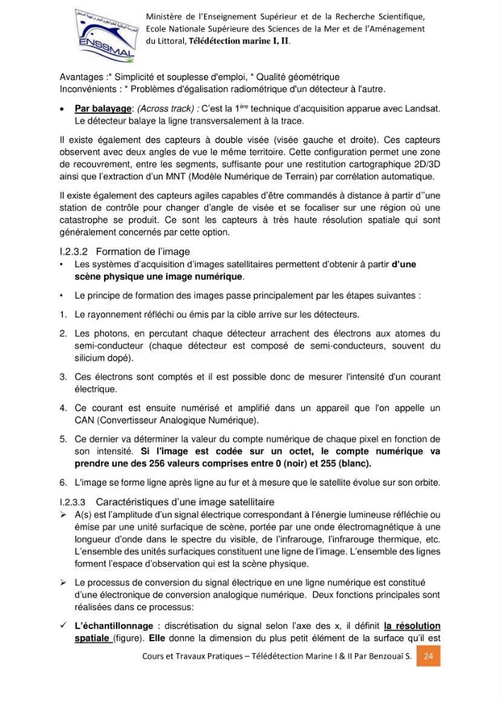 Télédetection marine: Niveau I & II, support de cours & travaux pratiques