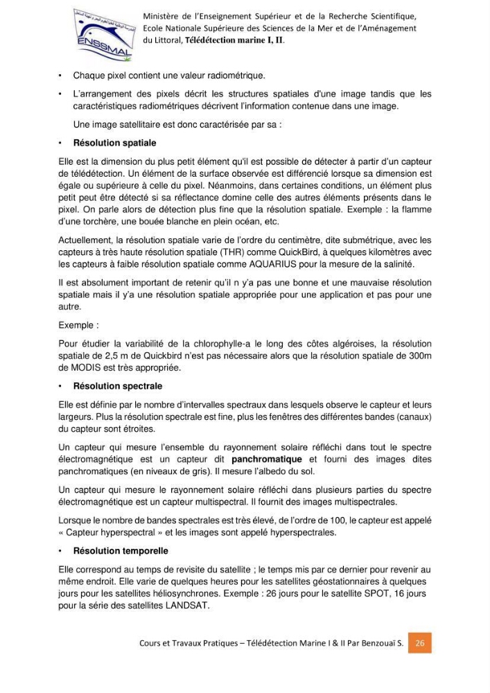 Télédetection marine: Niveau I & II, support de cours & travaux pratiques