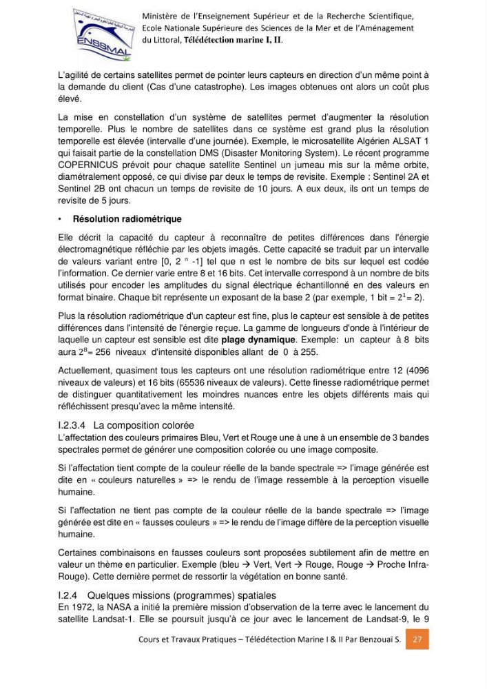 Télédetection marine: Niveau I & II, support de cours & travaux pratiques
