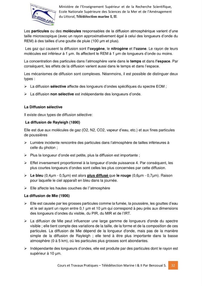 Télédetection marine: Niveau I & II, support de cours & travaux pratiques
