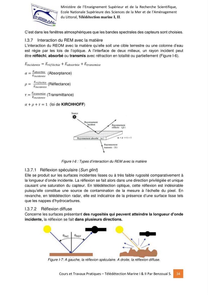Télédetection marine: Niveau I & II, support de cours & travaux pratiques