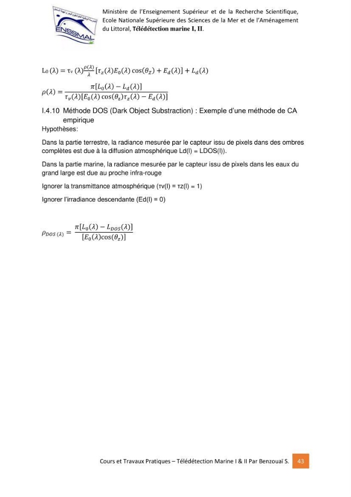 Télédetection marine: Niveau I & II, support de cours & travaux pratiques