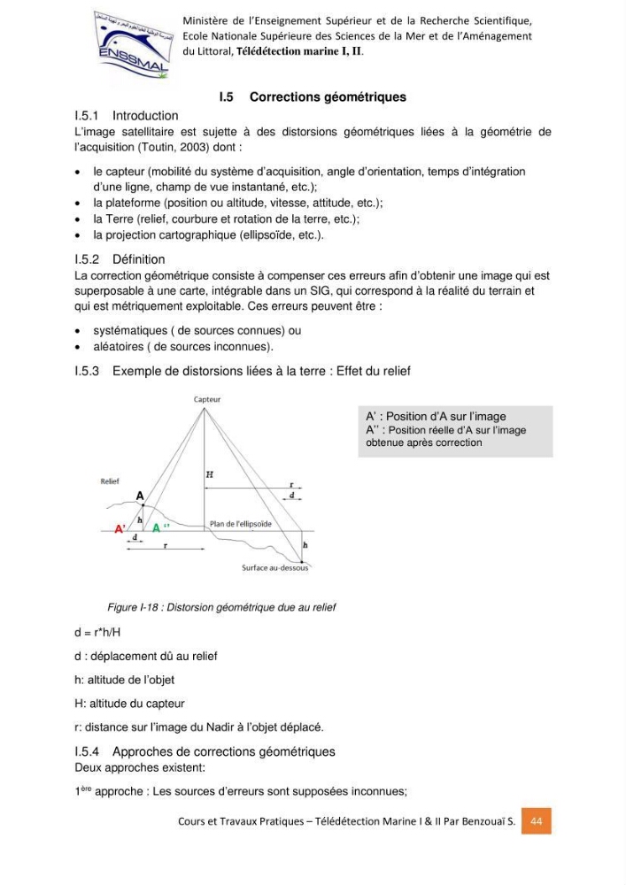 Télédetection marine: Niveau I & II, support de cours & travaux pratiques