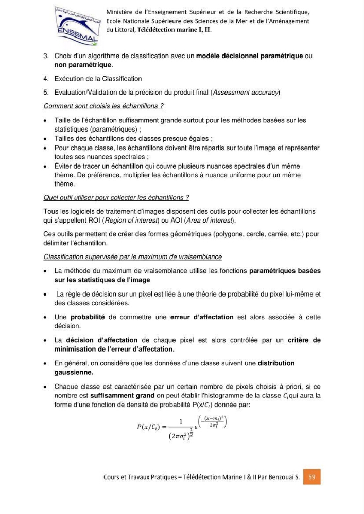 Télédetection marine: Niveau I & II, support de cours & travaux pratiques