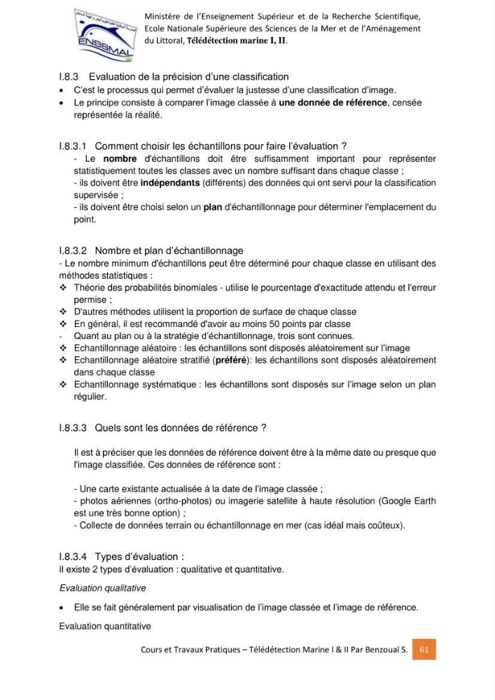Télédetection marine: Niveau I & II, support de cours & travaux pratiques