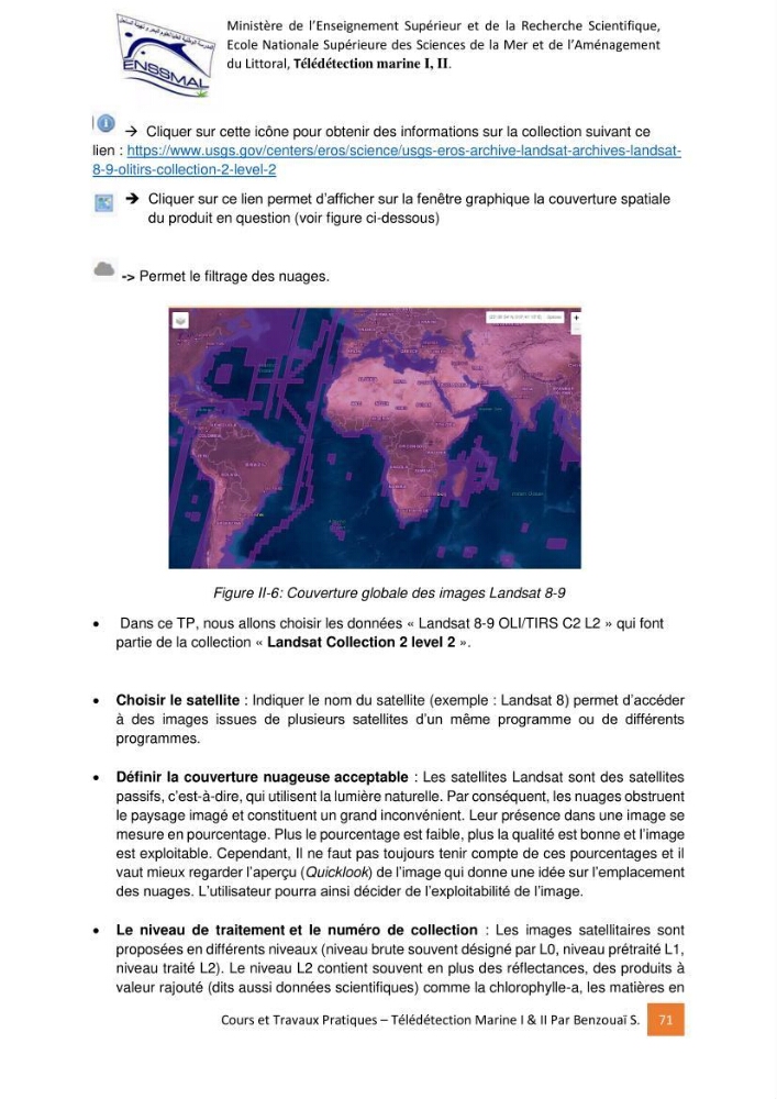 Télédetection marine: Niveau I & II, support de cours & travaux pratiques
