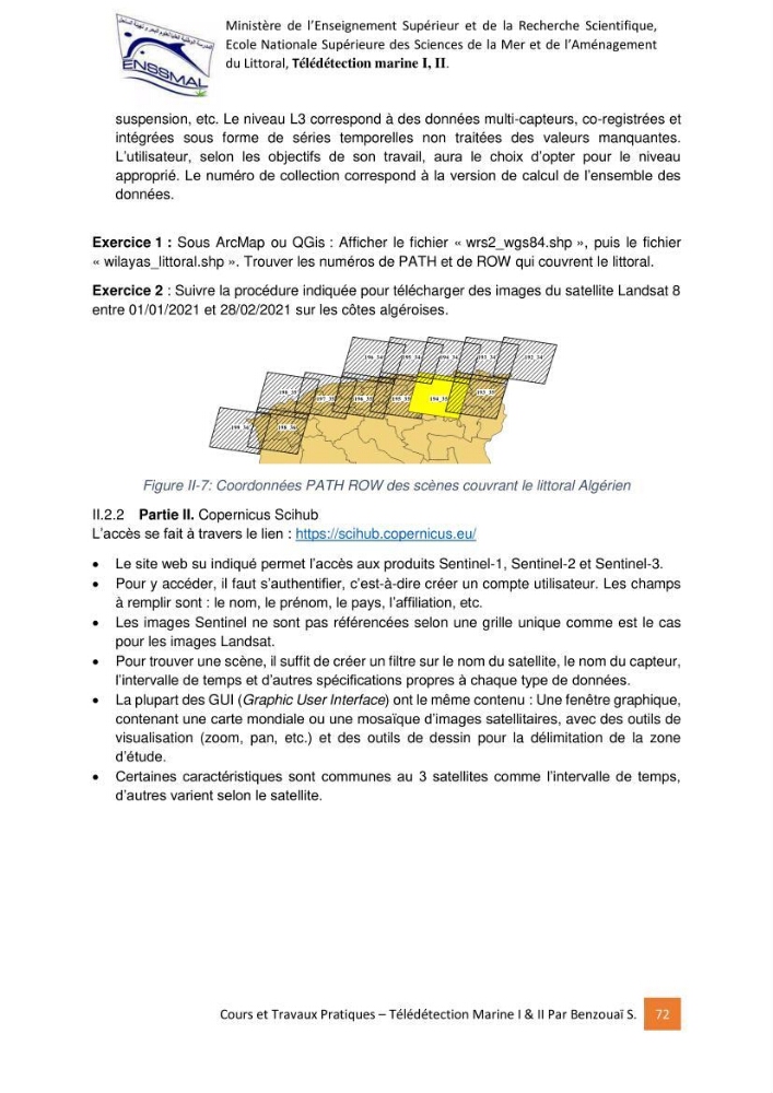 Télédetection marine: Niveau I & II, support de cours & travaux pratiques
