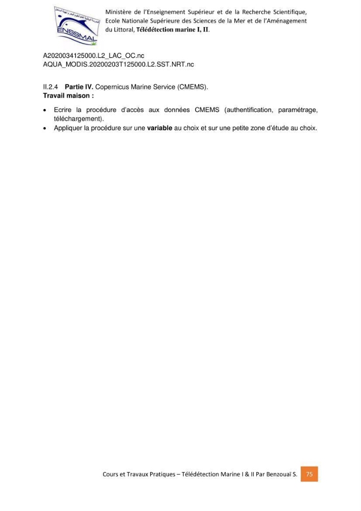 Télédetection marine: Niveau I & II, support de cours & travaux pratiques
