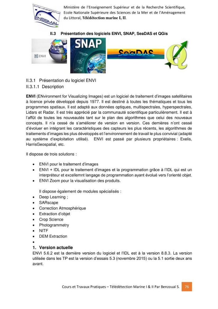 Télédetection marine: Niveau I & II, support de cours & travaux pratiques
