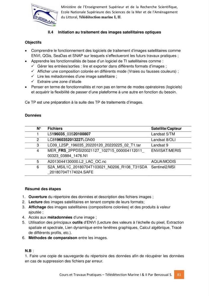 Télédetection marine: Niveau I & II, support de cours & travaux pratiques