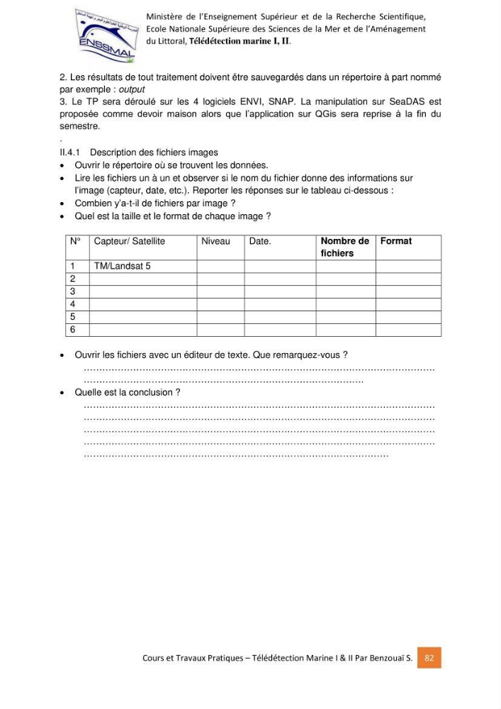 Télédetection marine: Niveau I & II, support de cours & travaux pratiques